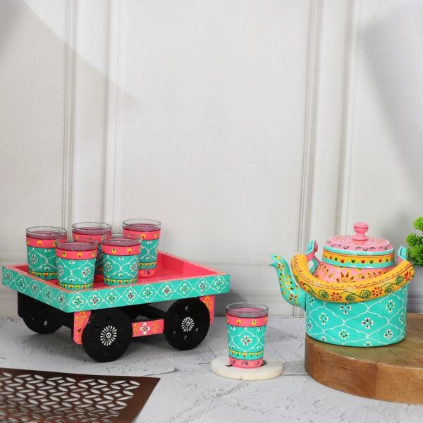 HandPainted Alluminium  Tea Kettle with 6 Glasses and Wooden Tray For Home Décor , Tea Party , Serving