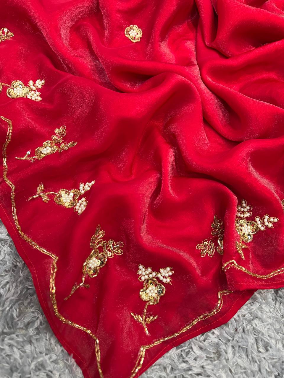 Women's Radiant Red Pure Organza Saree with Intricate Gold Zari, Sequin & Pearl Work - Ideal for Festive & Wedding Occasions - Image 3