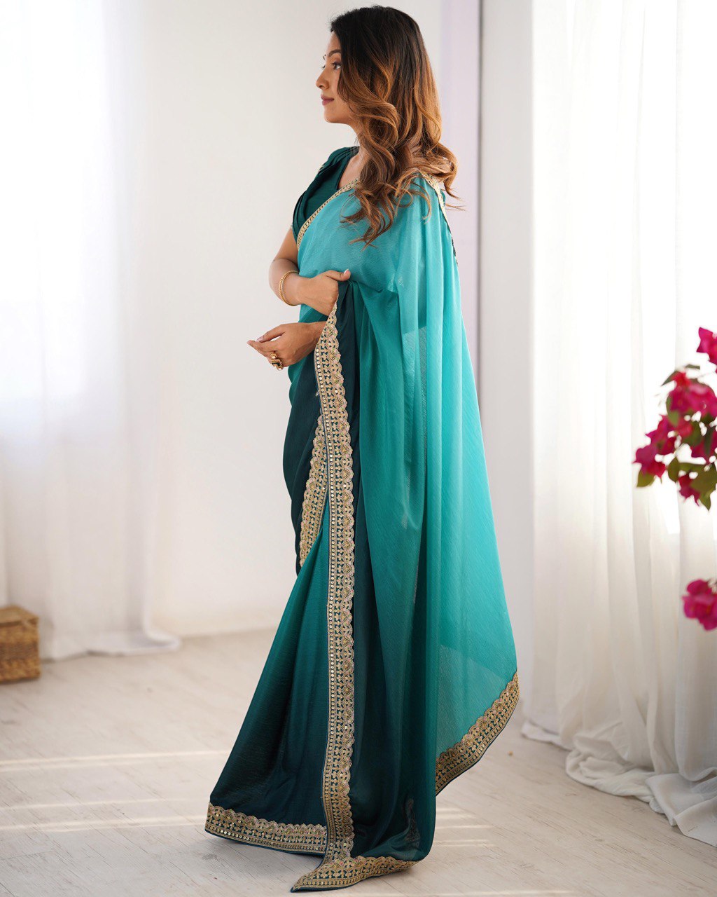 Women's Elegant Ombre Green Georgette Saree with Intricate Golden Zari & Stone Embellishments – Complete with Heavily Worked Blouse for Festive & Wedding Wear - Image 14