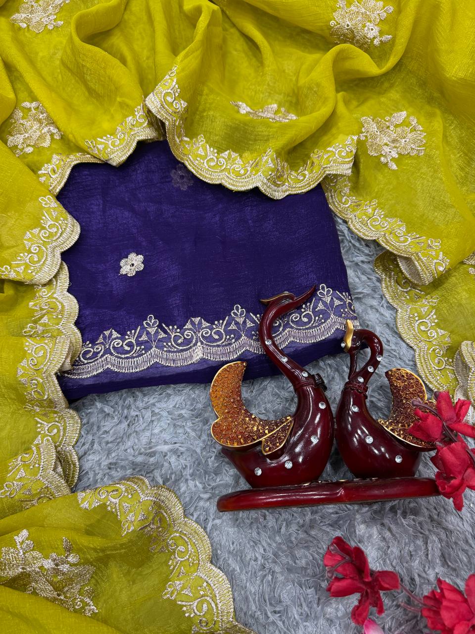 Women's Radiant Lime Yellow Organza Saree with Intricate Gold Zari Embroidery & Scalloped Border – Complete with Blouse Piece for Festive & Party Wear