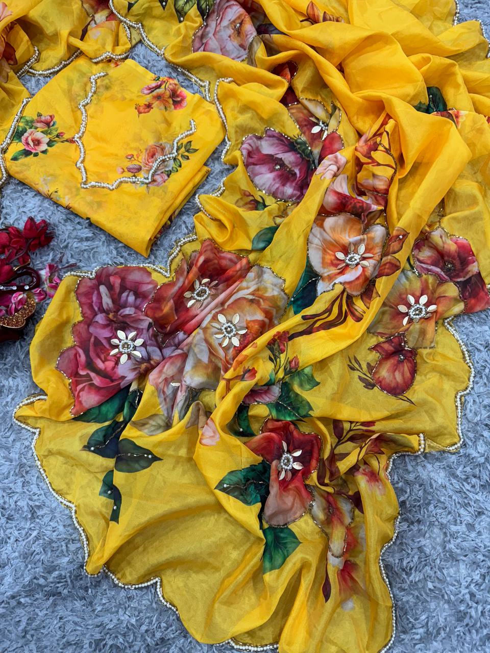 Women's Vibrant Yellow Floral Digital Print Saree with Zari and Stone Embellishments – Complete with Heavily Worked Blouse Piece for Festive & Wedding Wear - Image 4