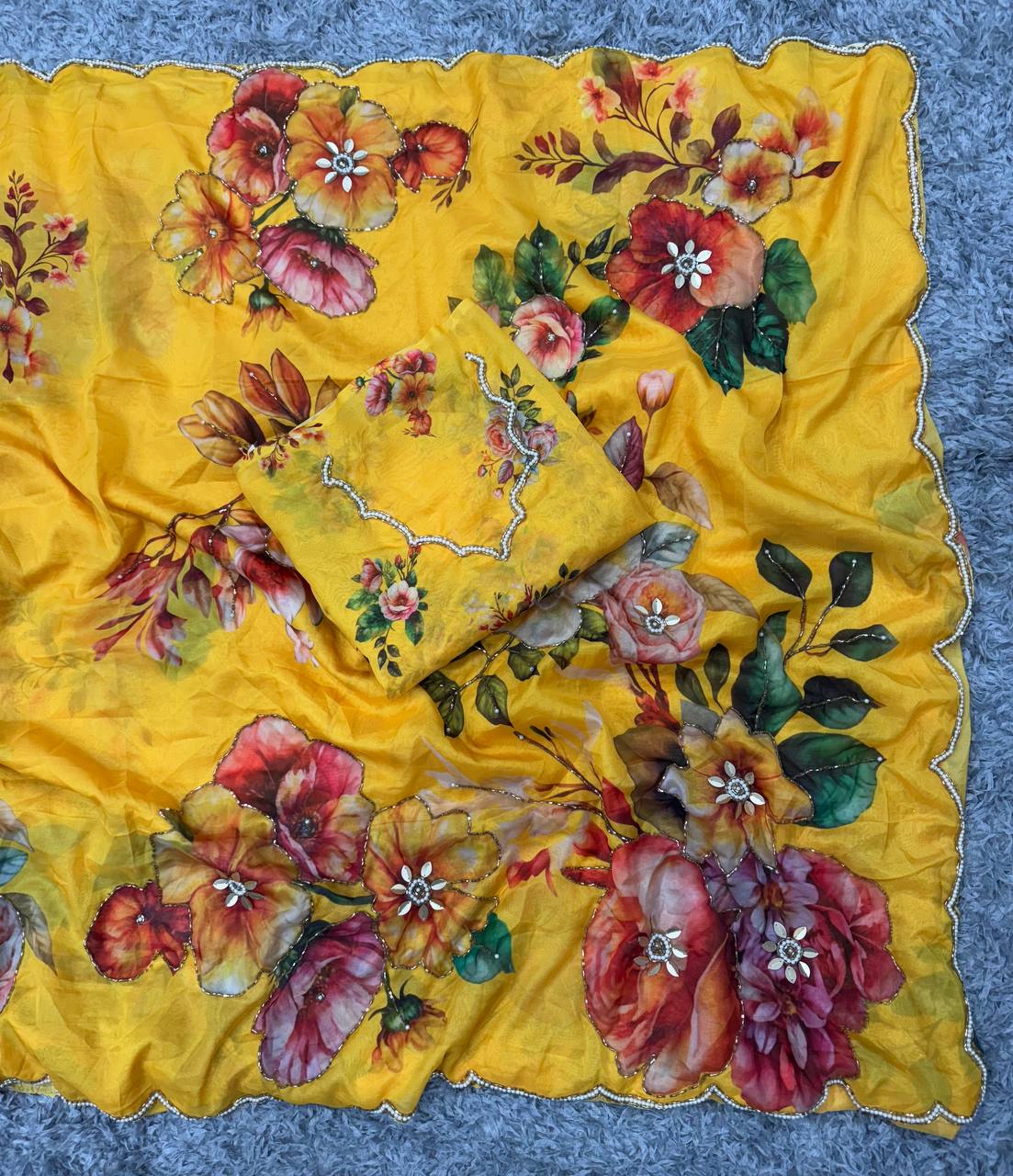 Women's Vibrant Yellow Floral Digital Print Saree with Zari and Stone Embellishments – Complete with Heavily Worked Blouse Piece for Festive & Wedding Wear - Image 2